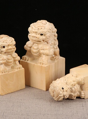 桃木印章狮子貔貅摆件一对家居饰品狮子摆件 桃木雕刻