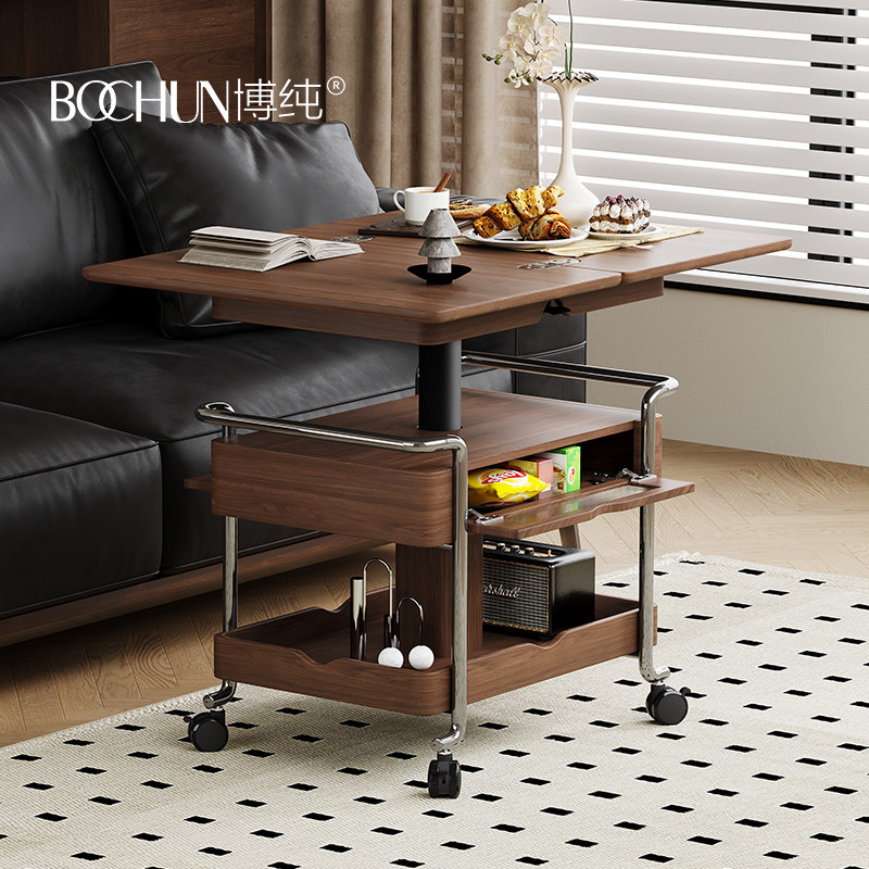 博纯焦糖中古小推车客厅两用可移动折叠升降可移动小推桌茶几边几