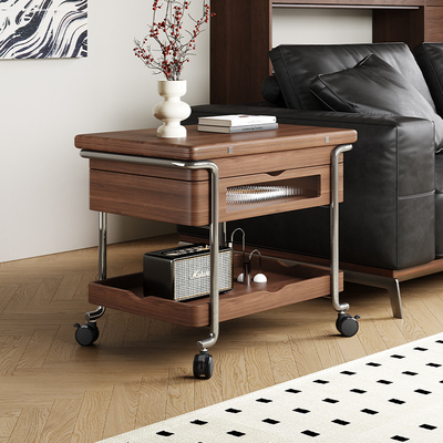 博纯焦糖中古风小推车客厅两用可移动折叠升降茶几角几沙发边几