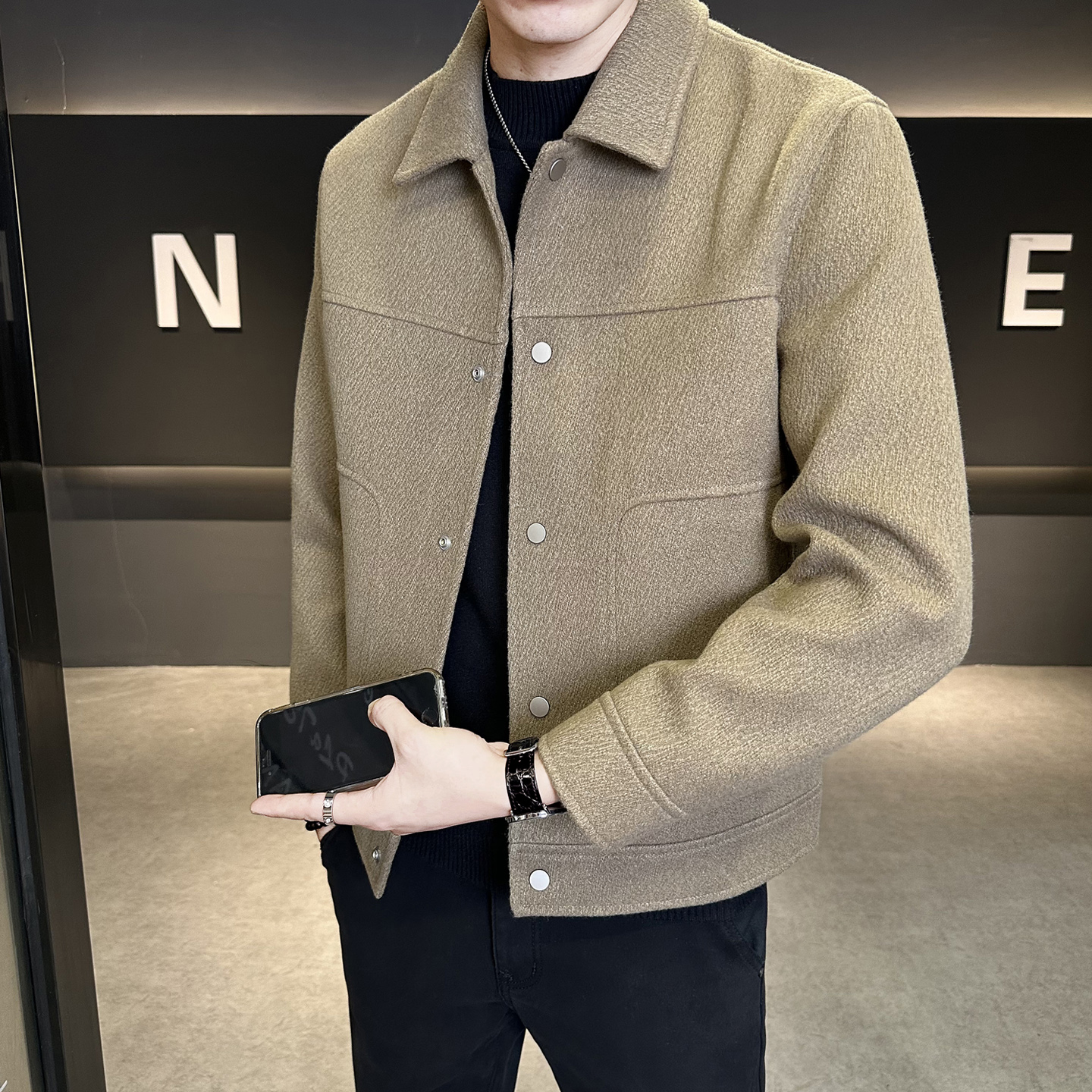 毛呢外套男春秋款2025新款潮流短款秋装高端呢料翻领衣服夹克男潮