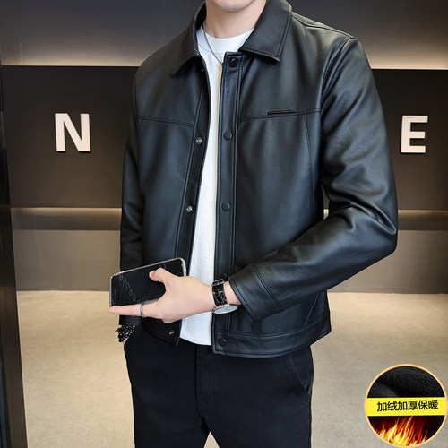 纯色修身翻领休闲皮衣男