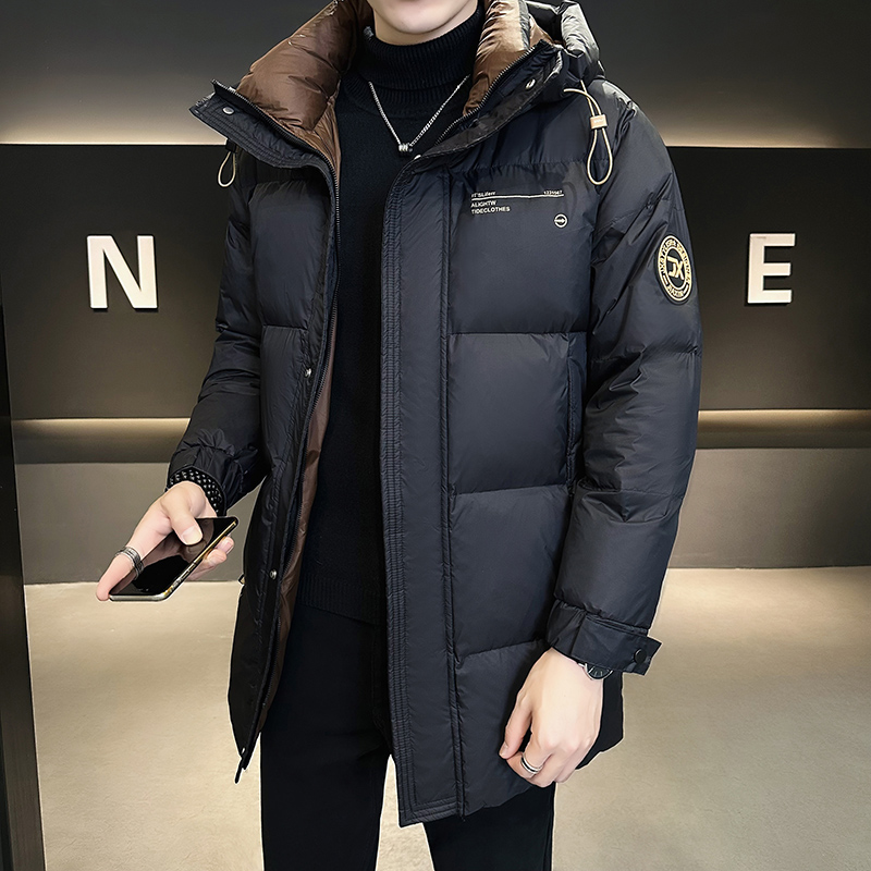 潮流连帽中长款羽绒服男