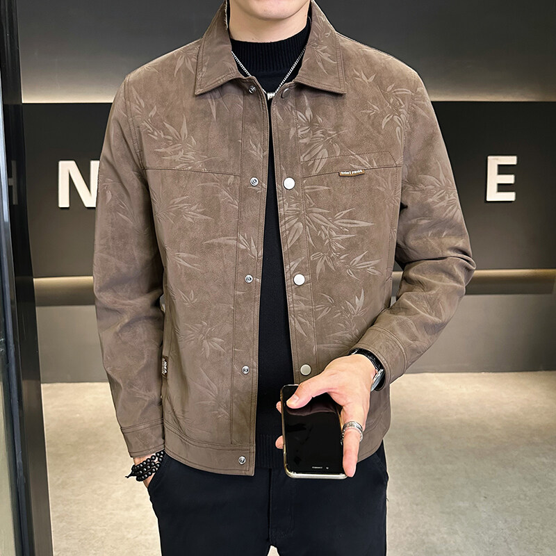 外套男春秋季2025压花翻领韩版修身短款男装皮衣休闲高级皮夹克男