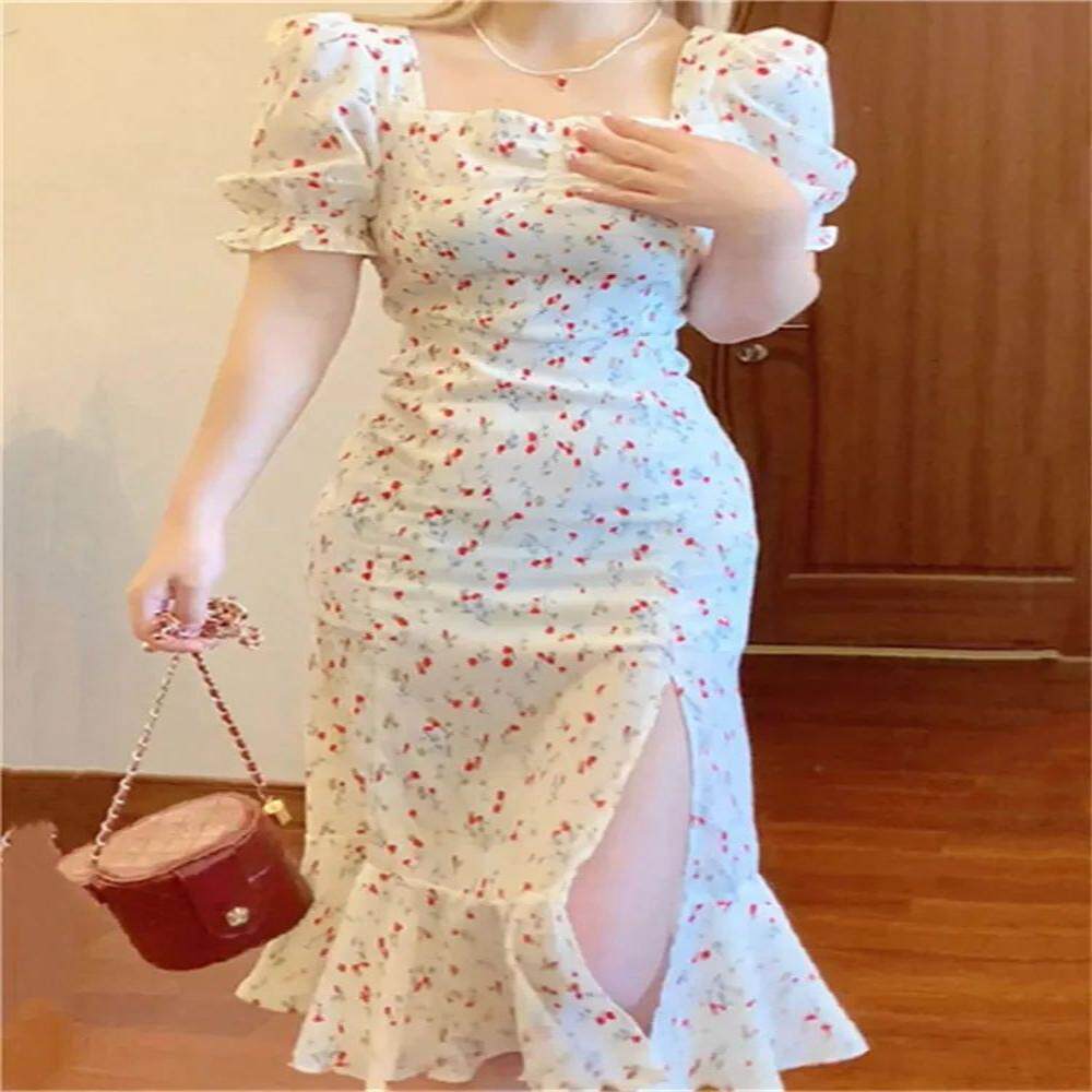 夏天裙子仙女裙小个子亲肤短袖气质开叉连衣裙修身显瘦碎花鱼尾裙
