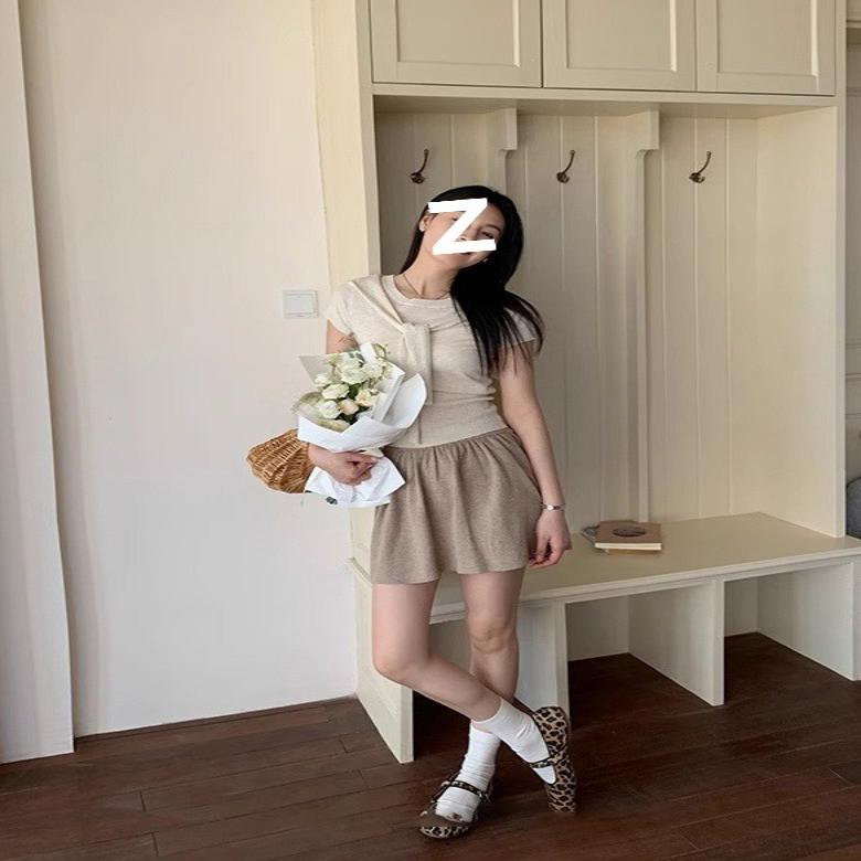 美式两件套夏装全棉温柔假两件披肩针织亲肤短袖t恤女半身裙套装