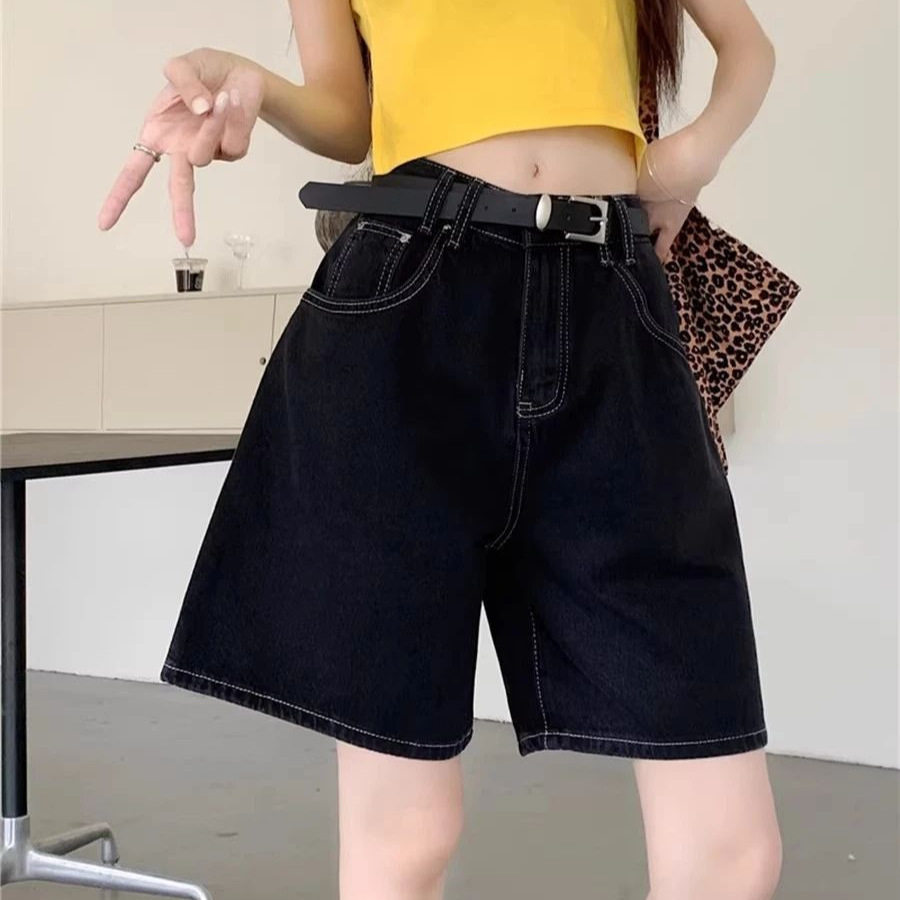 黑色高腰五分直筒牛仔短裤女夏季款宽松显瘦百搭休闲a字阔腿中裤