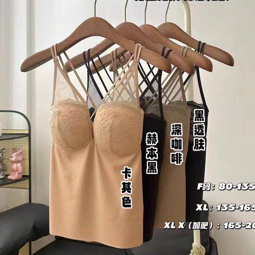 2024春夏性感蕾丝美背吊带背心女带胸垫内搭外穿无袖镂空打底上衣