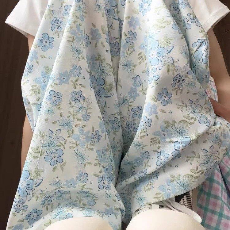 冰丝蓝色碎花阔腿裤女夏季薄款2025新款高腰小个子休闲显瘦山本裤