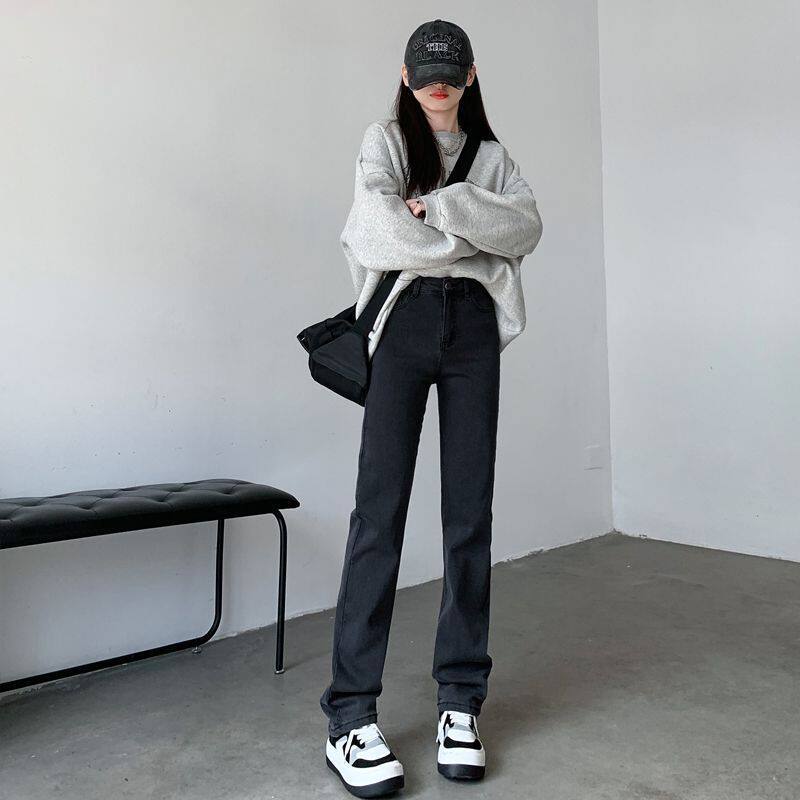 黑色窄版直筒牛仔裤女春秋季新款小个子高腰显瘦修身百搭牛仔裤子
