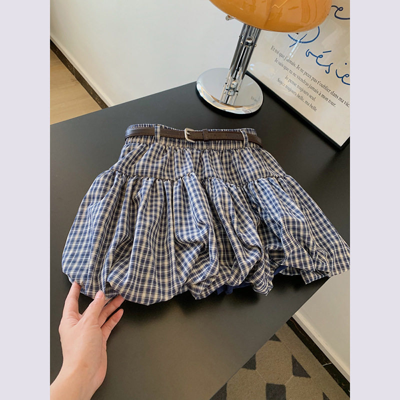 2025蓝色格子花苞短裙女夏季新款休闲百搭遮肉显瘦a字半身裙子潮