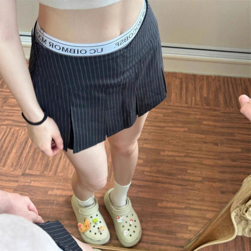 美式条纹西装半身裙女春夏季150小矮个子百褶修身高腰a字包臀短裙