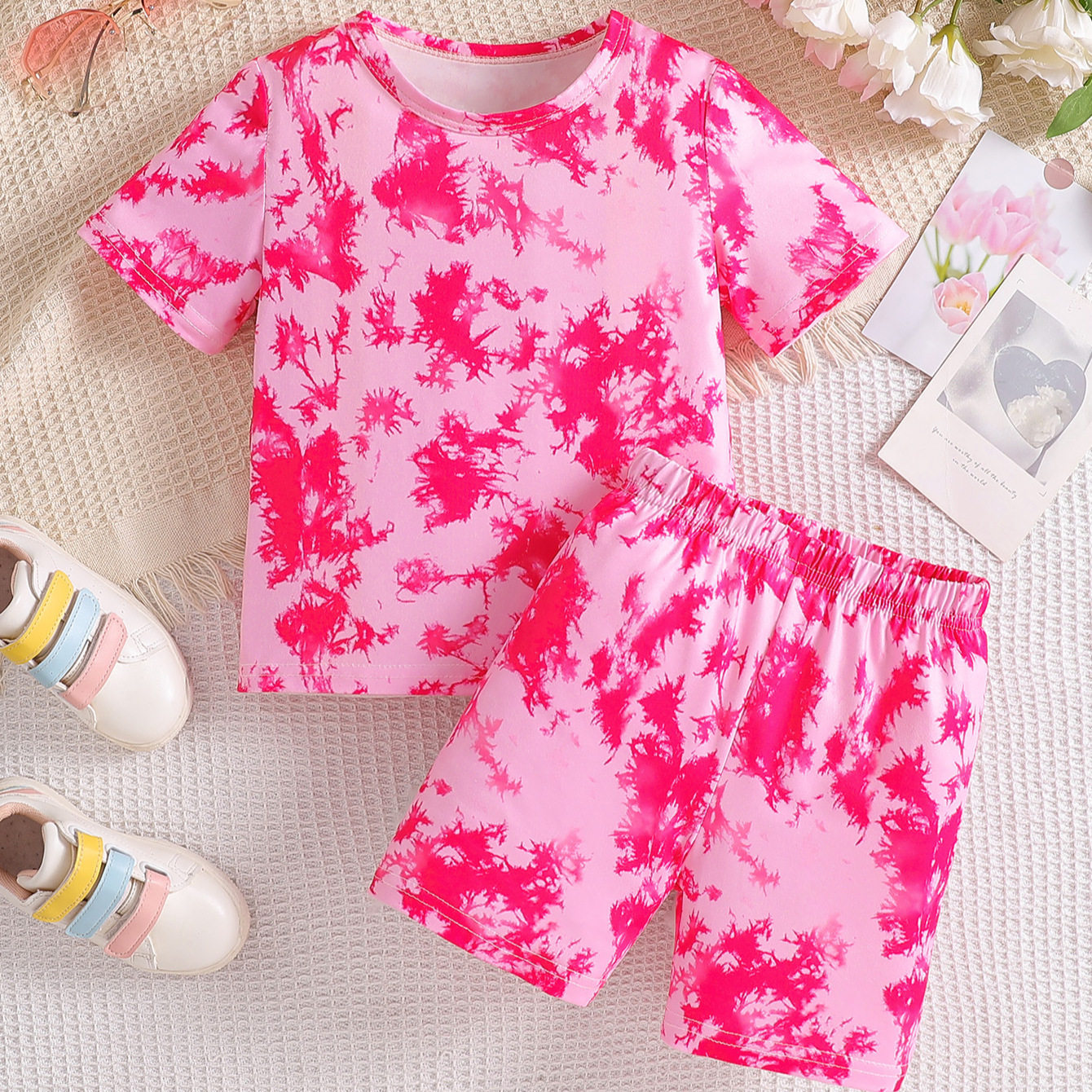 跨境儿童套装韩版童装夏款扎染短袖上衣短裤两件套女童运动服