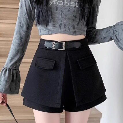 西装假两件短裤女秋冬新款高腰显瘦设计感显瘦外穿A字阔腿短裙裤