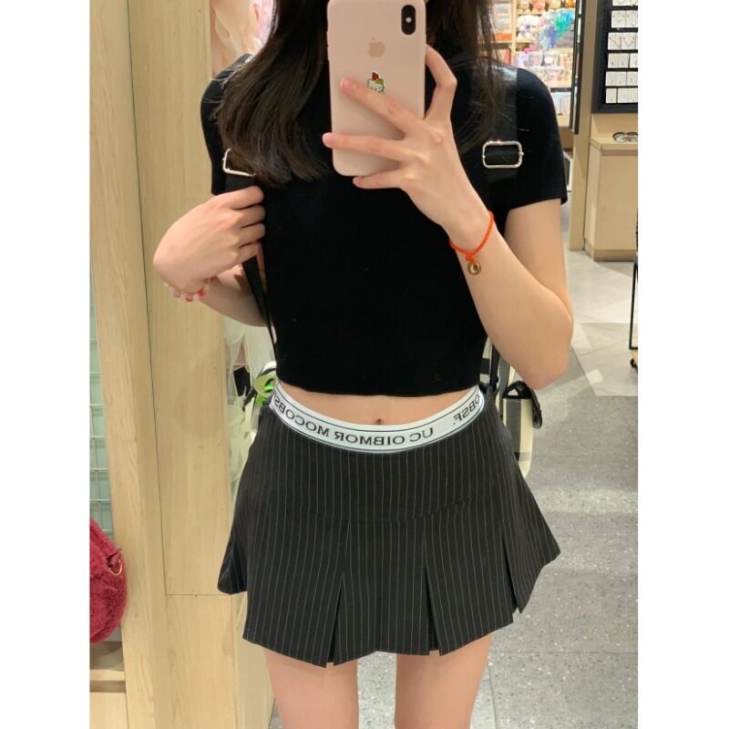 黑色条纹百褶西装短裙女夏季美式辣妹运动低腰拼接a字包臀半身裙