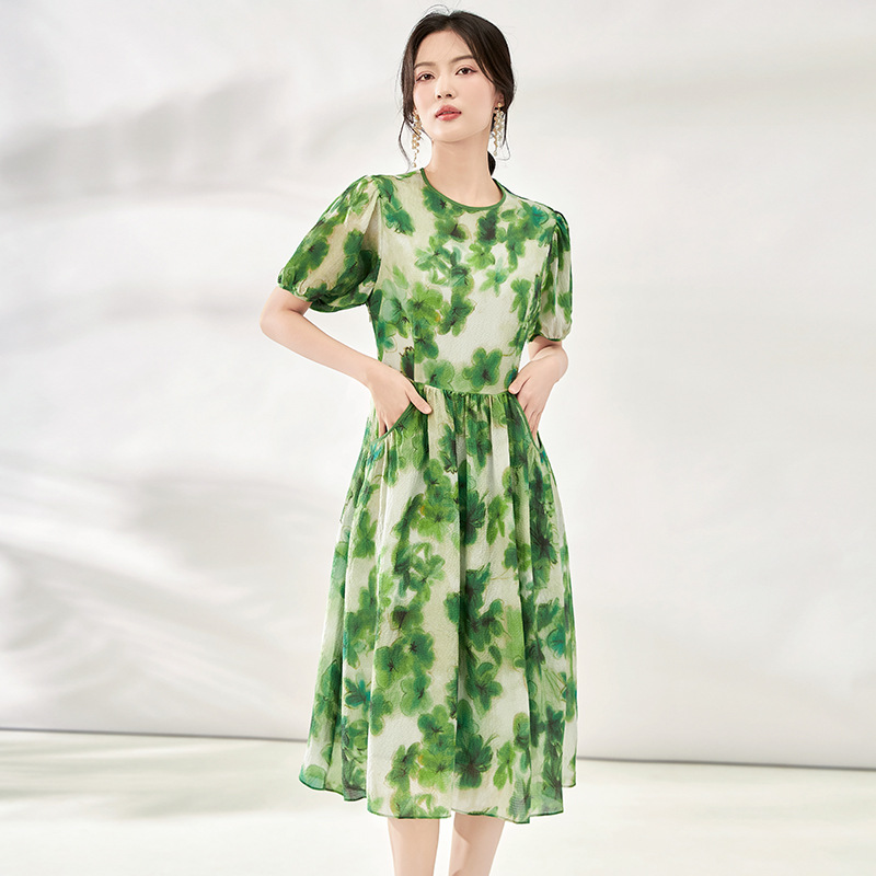 莫奈花园浪漫印花百分百真丝裙桑蚕丝连衣裙仙女度假风宽松夏