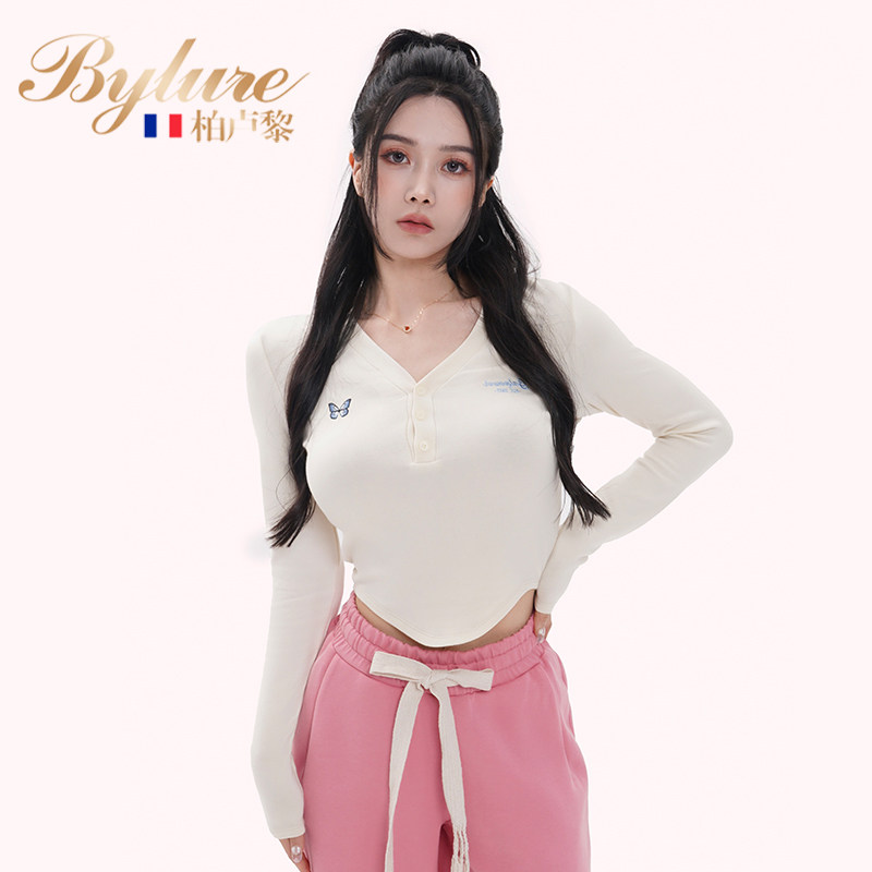 Bylure柏卢黎瑜伽T恤女设计感U型下摆显腰运动长袖纽扣V领健身衣