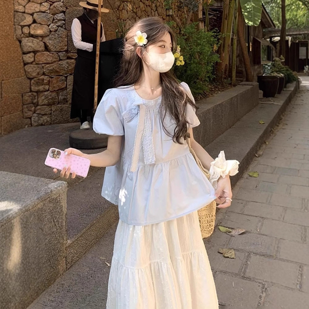 蝴蝶结蕾丝泡泡袖衬衫女半身裙两件套装女夏季设计感压褶绑带