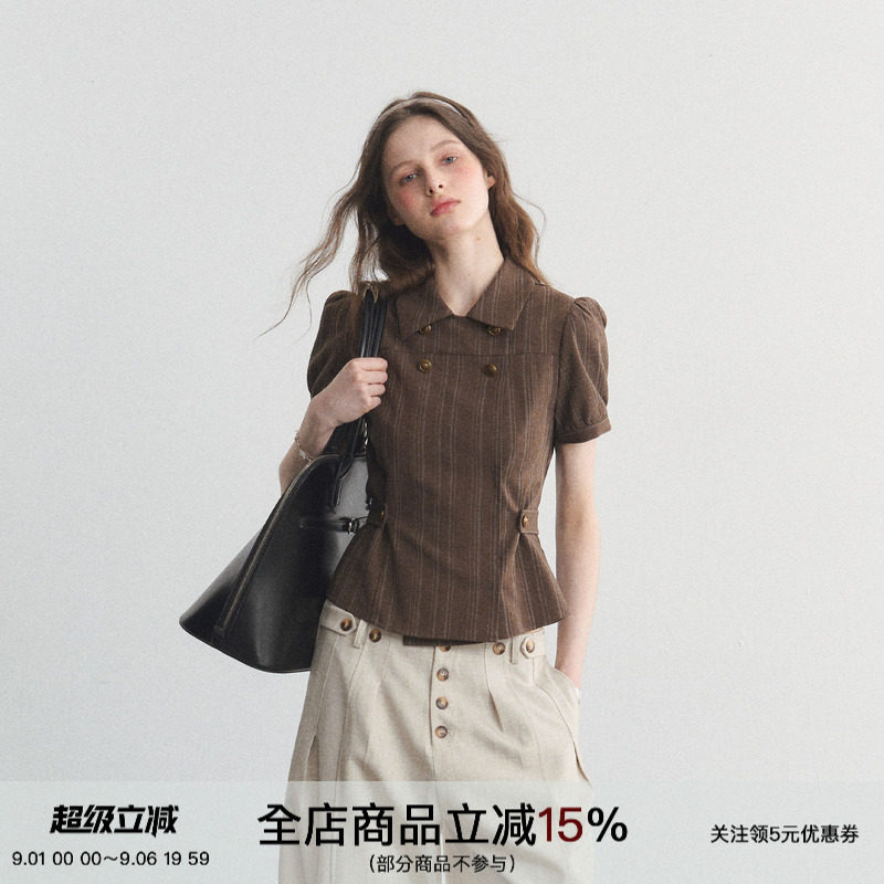条纹双排扣收腰泡泡袖短袖衬衫图片