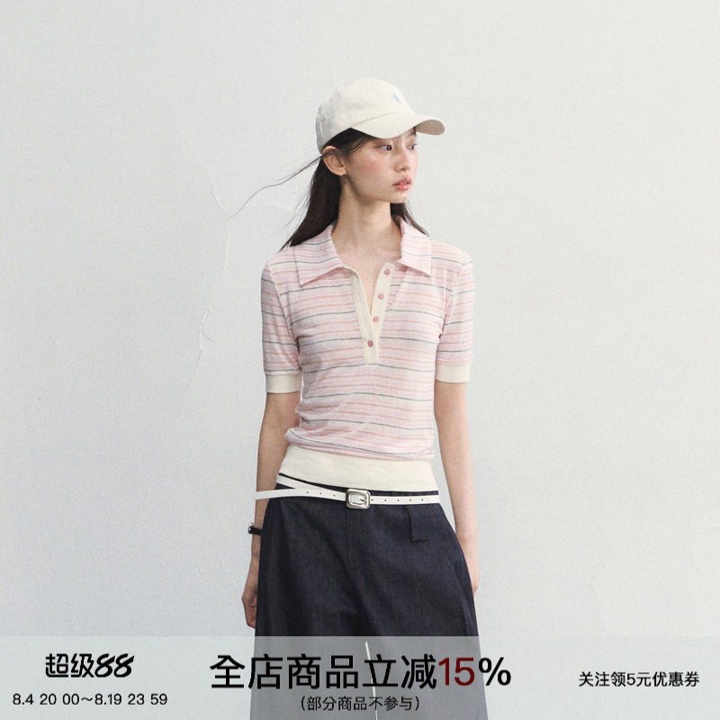 SPEAR YOUTH“悦己至上”天丝冰感透气条纹polo衫收腰衬衫短袖 - 实物图