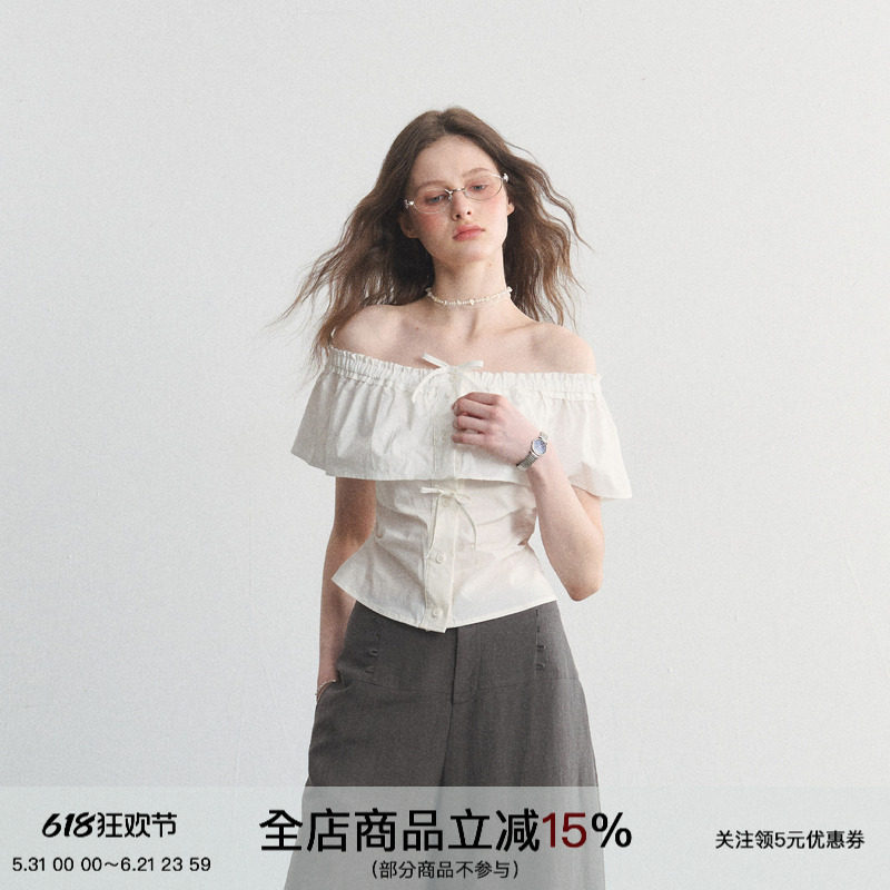 SPEAR YOUTH“热恋思绪”一字肩荷叶边白色短袖t恤蝴蝶结短款上衣