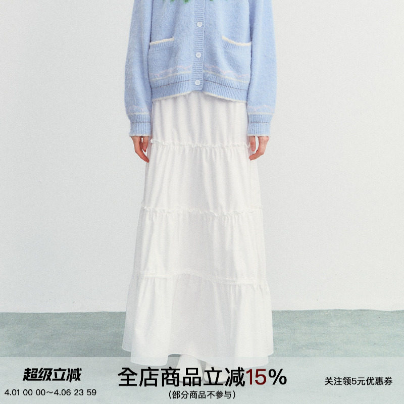 SPEAR YOUTH“白木明纱”温柔风白色半身裙女显瘦蛋糕裙A字中长裙