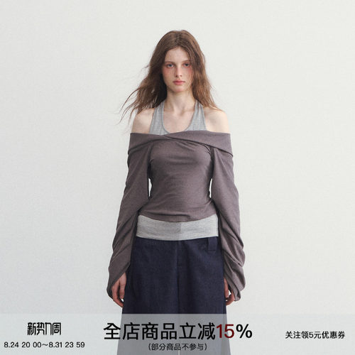 两件套不规则T恤一字领修身长袖