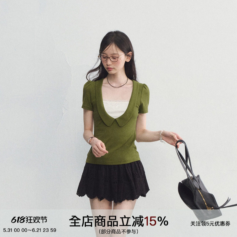 SPEAR YOUTH“绿野仙踪”假两件娃娃领上衣蕾丝拼接收腰短袖t恤