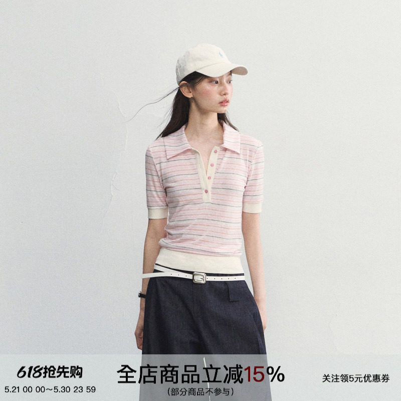 SPEAR YOUTH“悦己至上”天丝冰感透气条纹polo衫收腰衬衫短袖