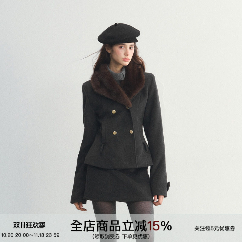SPEAR YOUTH“old-time”羊毛毛呢外套可拆卸毛领排扣西装棉服