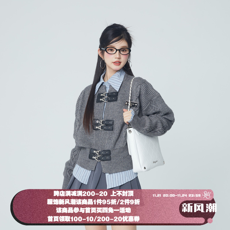 SPEAR YOUTH“巴洛克幻想”皮扣学院提花开衫针织外套女百搭毛衣