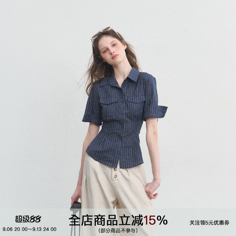 条纹polo领收腰通勤短袖衬衫图片