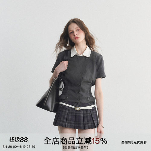 SPEAR YOUTH“古早日杂”天丝重工假两件西装衬衫弹力收腰短袖t恤