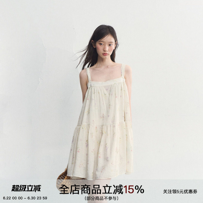 SPEAR YOUTH&ldquo;微醺花园&rdquo;晕染碎花吊带裙蝴蝶结系带拼接连衣裙
