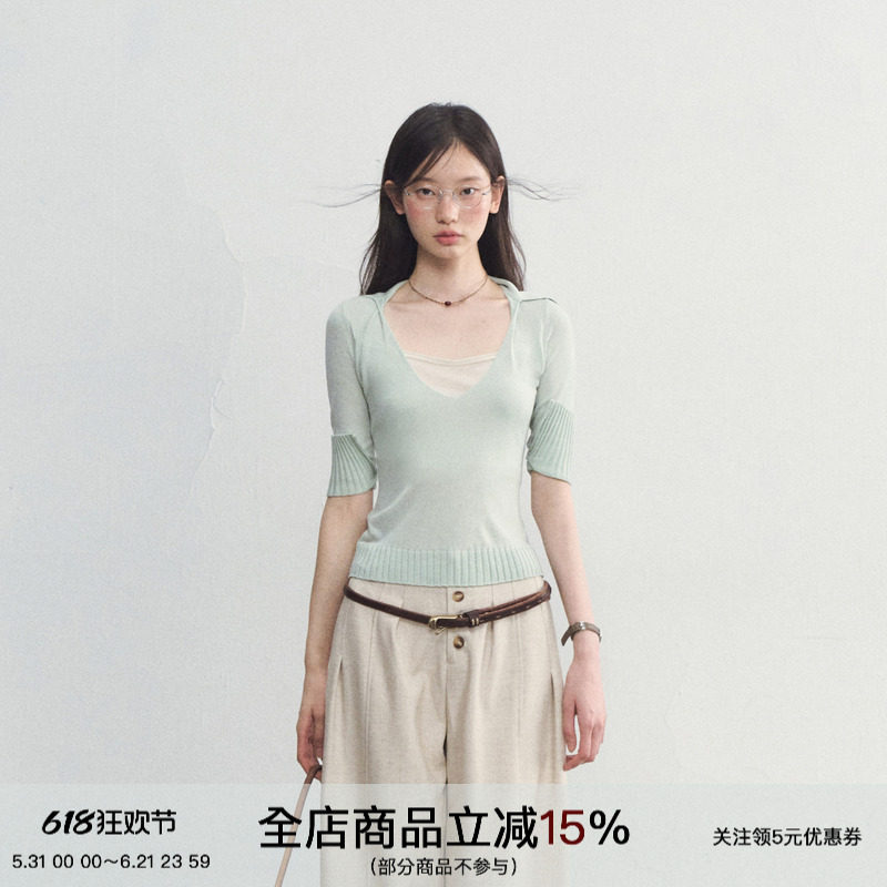 SPEAR YOUTH“层次美学”天丝羊毛混纺t恤假两件螺纹袖针织衫短袖