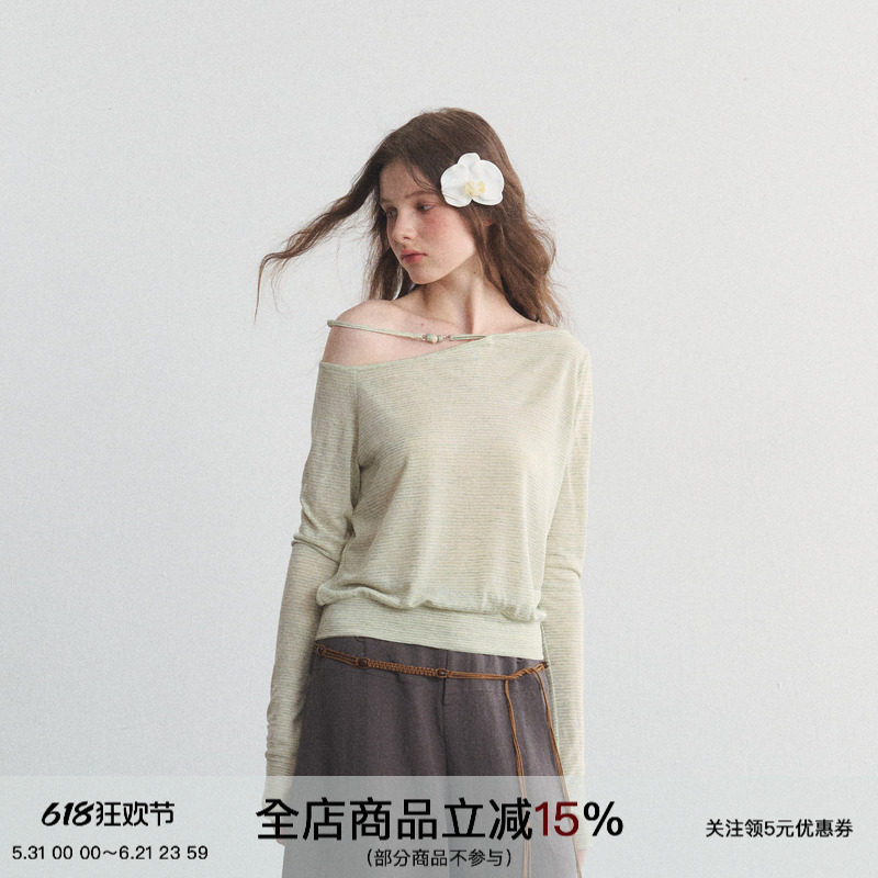 SPEAR YOUTH“长野盛夏”超薄串珠拼接条纹针织衫一字肩长袖t恤