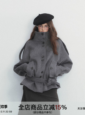 SPEAR YOUTH“松间步月”50%羊毛绑带收腰大衣加厚立领外套上衣冬