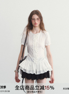 SPEAR YOUTH“小夏日和”纯白荷叶边拼接上衣韩系收腰短袖T恤衬衫