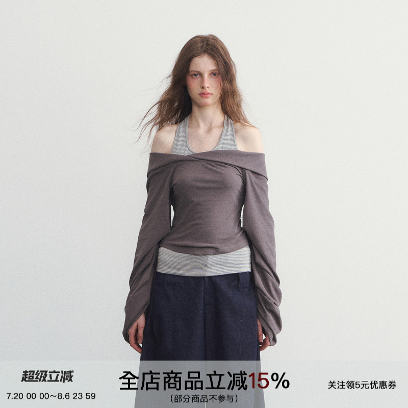 SPEAR YOUTH“爱屋及乌”两件套不规则T恤一字领修身长袖衬衫上衣