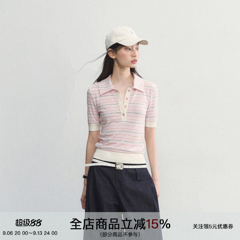 天丝亲肤条纹收腰短袖POLO衫图片