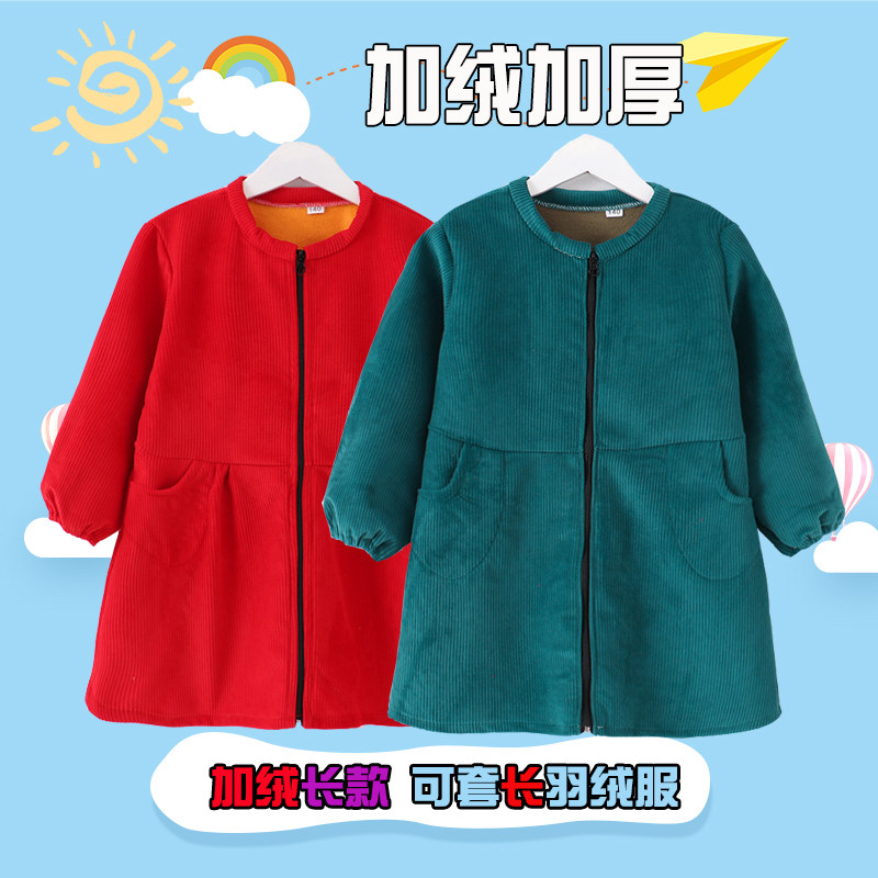 长款加绒灯芯绒拉链罩衣套羽绒服