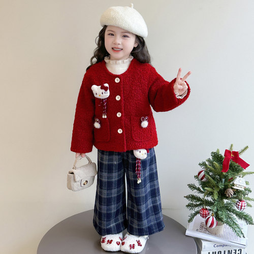 女童秋冬款红色毛毛衣外套