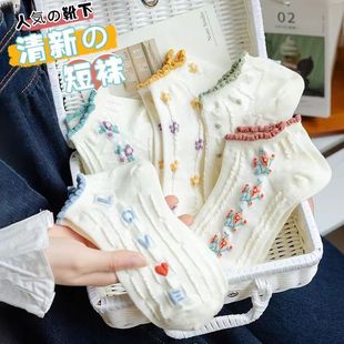 薄款 夏季 女生日系白色袜了短袜ins潮少女小花短筒袜可爱花边百搭
