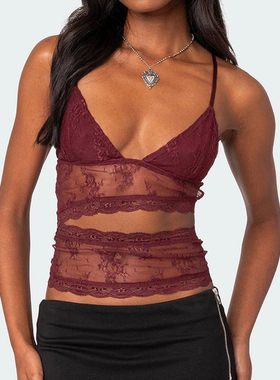 Women Summer Sexy Lace Sheer Camisole V-Neck Spaghetti Strap