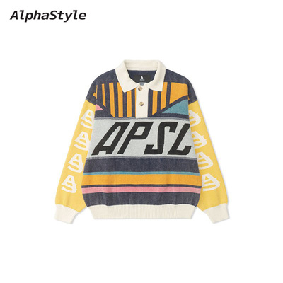 AlphaStyle春季撞色针织长衫男女