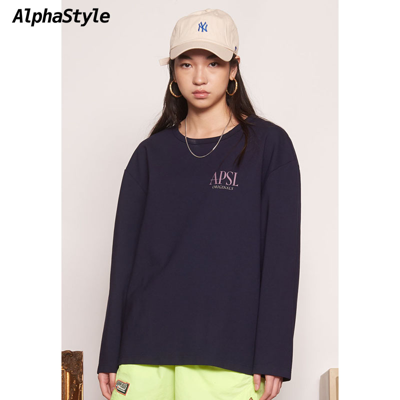 AlphaStyle春季长袖T恤休闲圆领透气纯色圆弧下摆套头衫经典男女