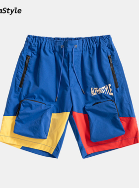 AlphaStyle夏季多巴胺拼色五分短裤登山运动时尚休闲宽松刺绣男女