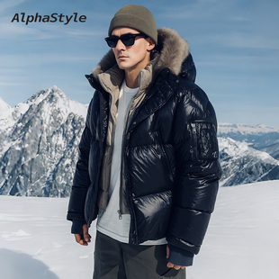 Alphastyle冬季双层连帽厚款羽绒外套鹅绒防风保暖可拆卸男女同款