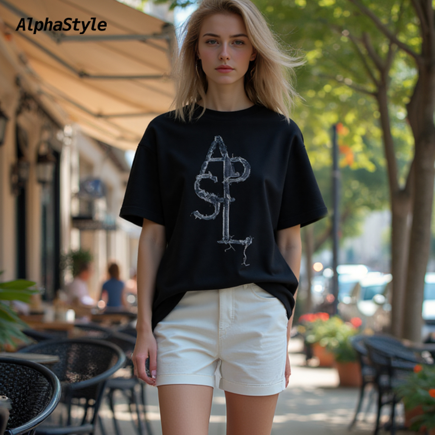 AlphaStyle夏季牛仔贴布T恤男女