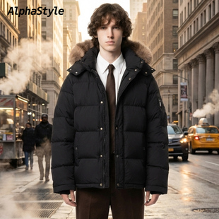 Alphastyle新品时尚休闲连帽毛领可拆帽羽绒外套鹅绒保暖男女款