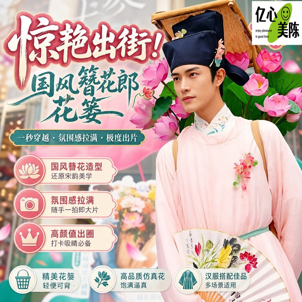 古风汉服仿真荷花背篓拍照道具图片